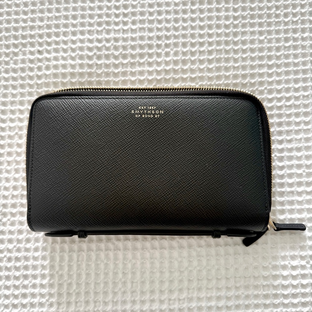SMYTHSON Large Travel Wallet and Phone and Passport Case - Black Leather